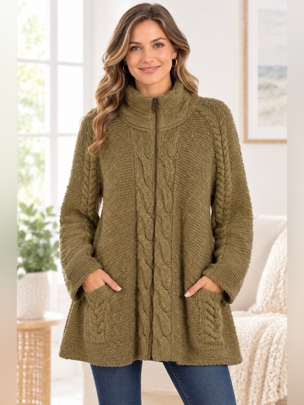 Classiques Entier Fisherman Alpaca Wool Poncho Cardigan Sweater M/L Tan Classic